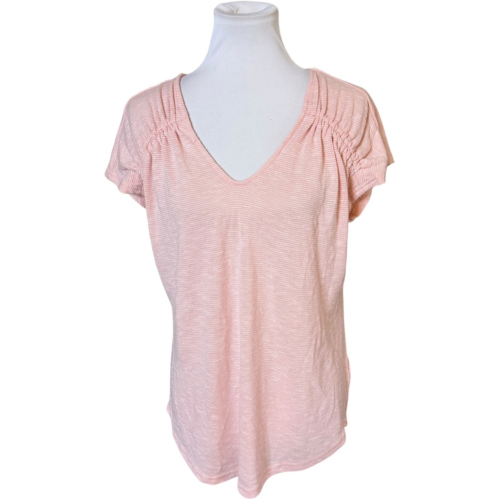 Juicy Couture V-Neck Top Womens Large Pink Striped Ruched Shoulder Short Sleeve